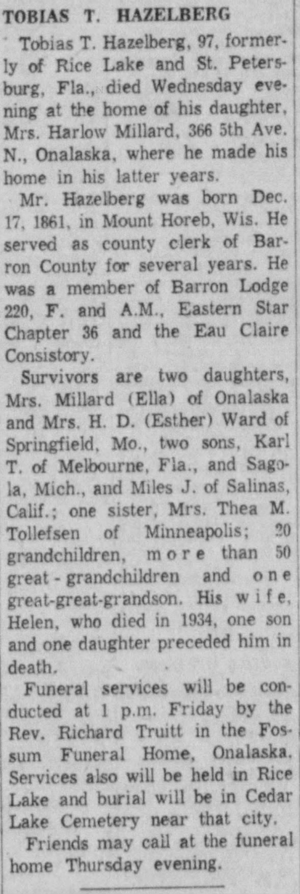 Obituary for TOBIAS T. HAZELBERG (Aged 97)